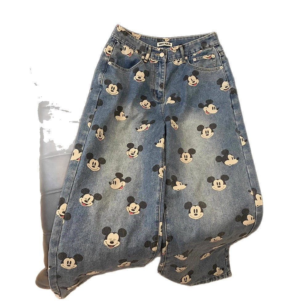 Cute Youthful  Vintage Mickey Print High-Waisted Jeans for Men and Women, Loose Straight-Leg Casual Wide-Leg Pants