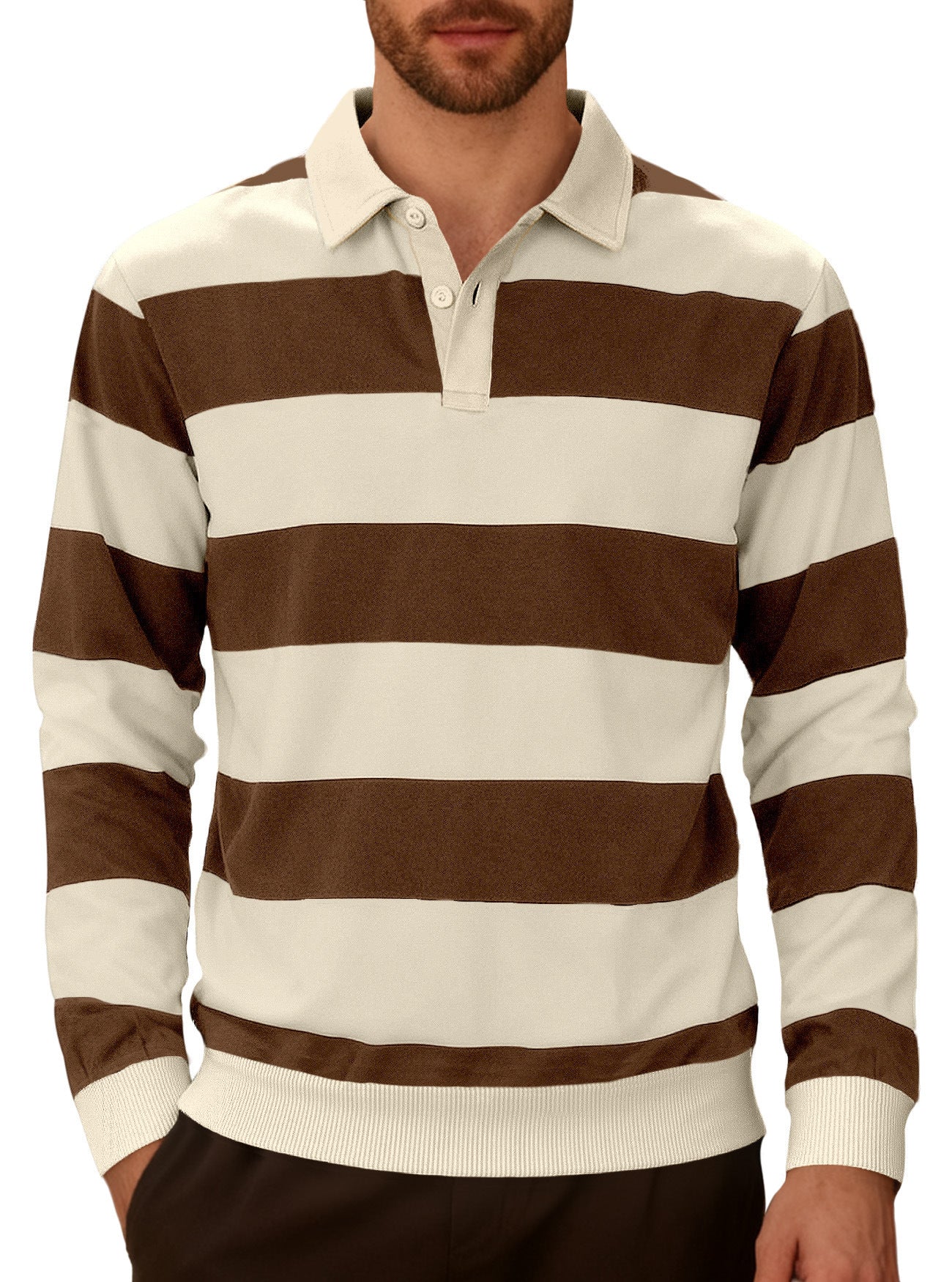 Striped contrasting button up long sleeved polo shirt
