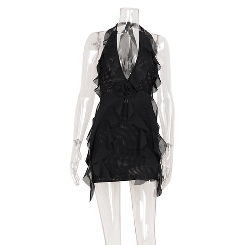 Sexy backless strapless mesh with ruffled edges and neck hanging dress