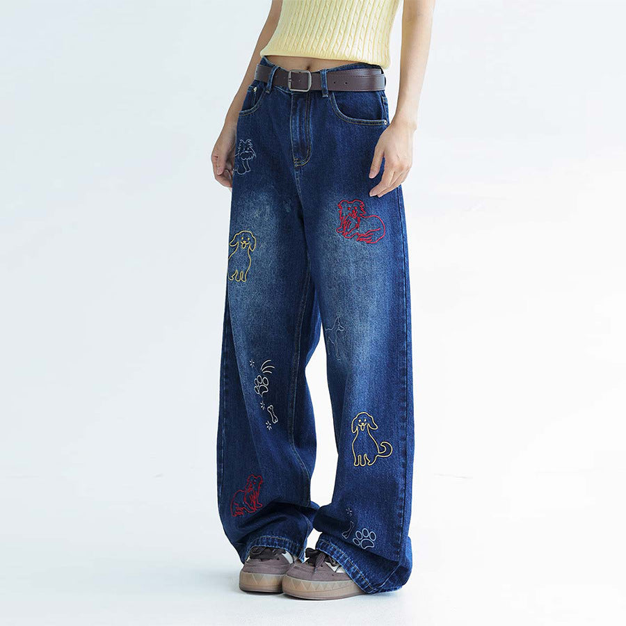 Dog Embroidered Wide Leg Jeans