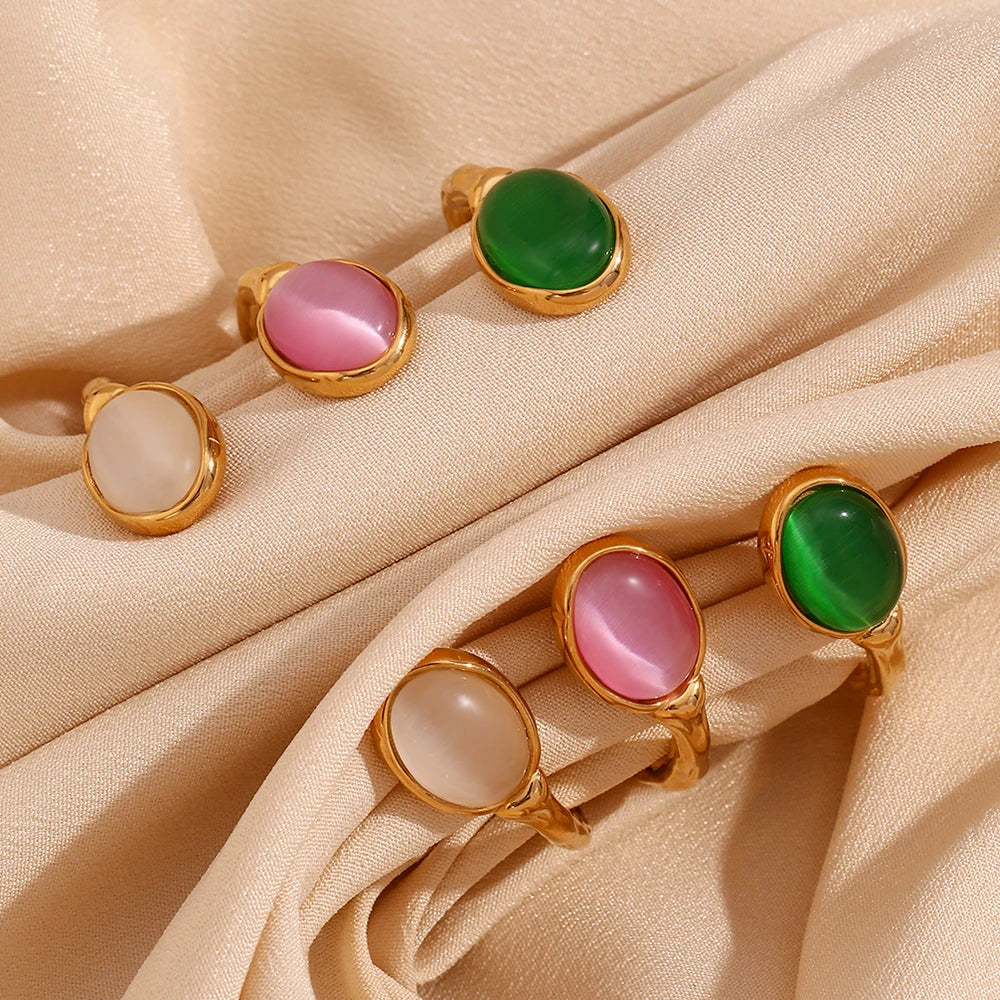 Oval Natural Stone Open Irregular Green Agate Pink Crystal Bracelet