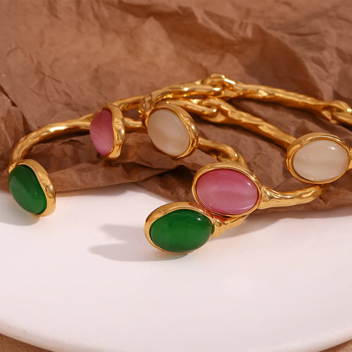 Oval Natural Stone Open Irregular Green Agate Pink Crystal Bracelet