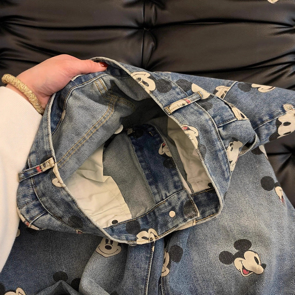 Cute Youthful  Vintage Mickey Print High-Waisted Jeans for Men and Women, Loose Straight-Leg Casual Wide-Leg Pants