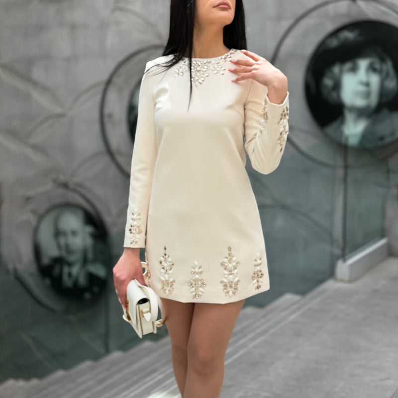 Round neck long sleeved solid color patchwork dress