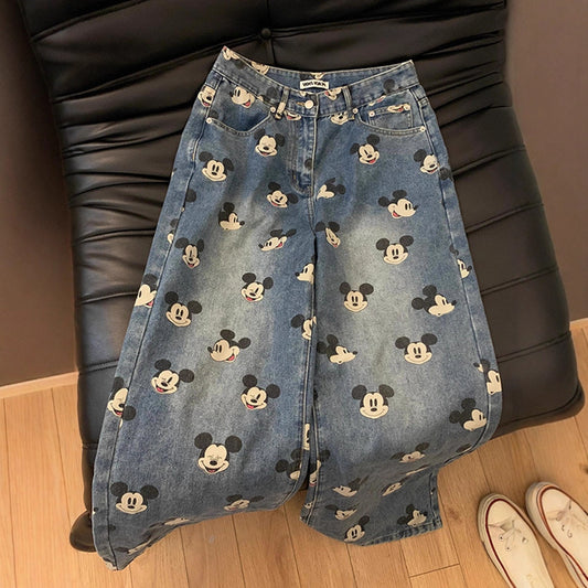 Cute Youthful  Vintage Mickey Print High-Waisted Jeans for Men and Women, Loose Straight-Leg Casual Wide-Leg Pants